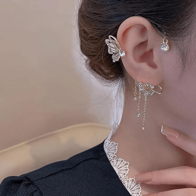 Clips d’oreilles Papillon à fleur pendante 🌺🦋 - Zircone Cubique 💎 x2