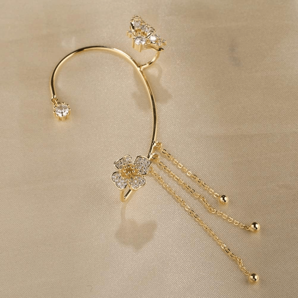 Clips d’oreilles Papillon à fleur pendante 🌺🦋 - Zircone Cubique 💎 x2