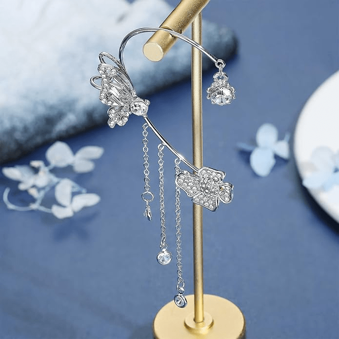 Clips d’oreilles Papillon à fleur pendante 🌺🦋 - Zircone Cubique 💎 x2