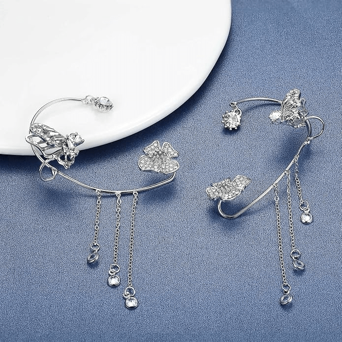 Clips d’oreilles Papillon à fleur pendante 🌺🦋 - Zircone Cubique 💎 x2