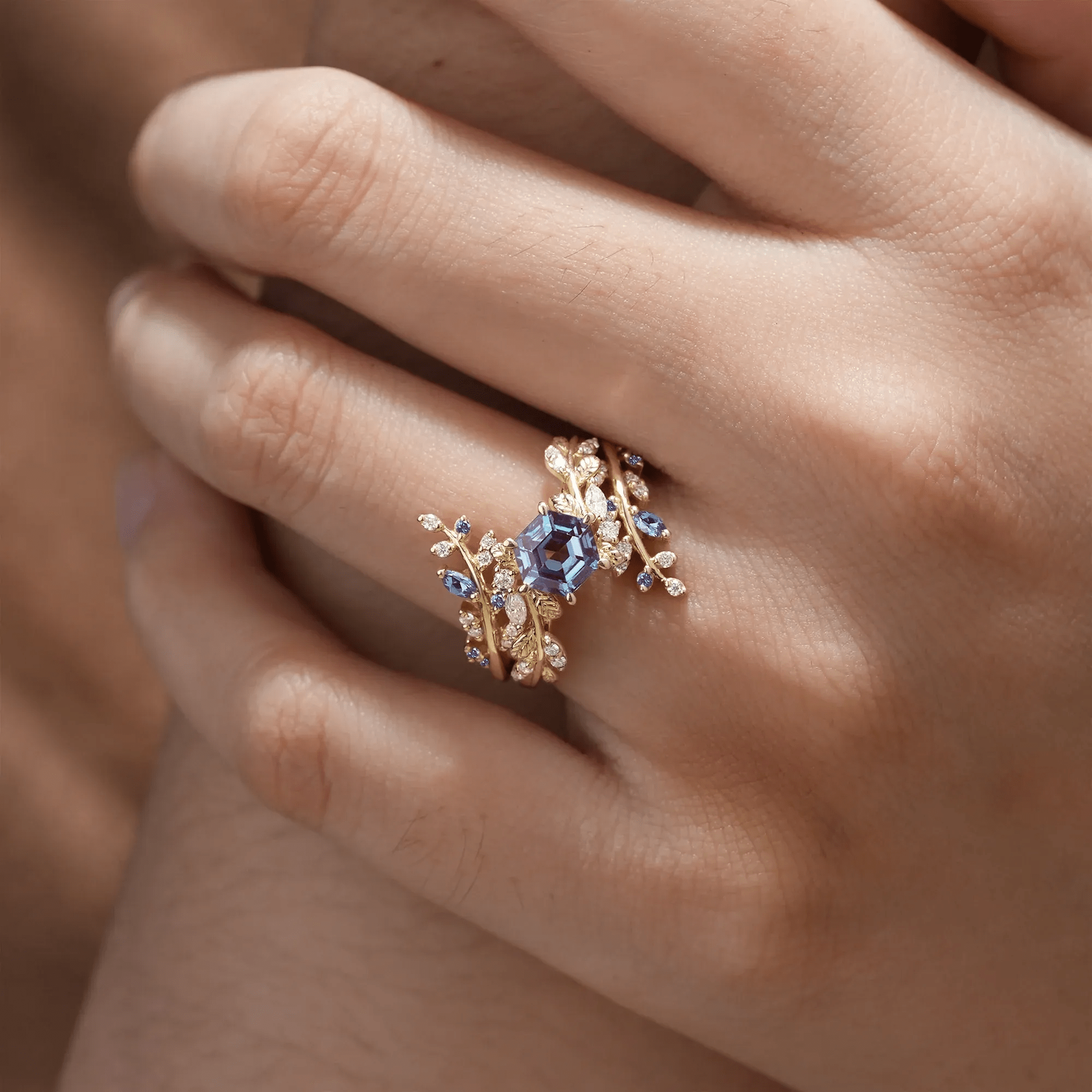 Bague Nymphes Clio Hexaéon - Diamant Moissanite Azur 💎🌿