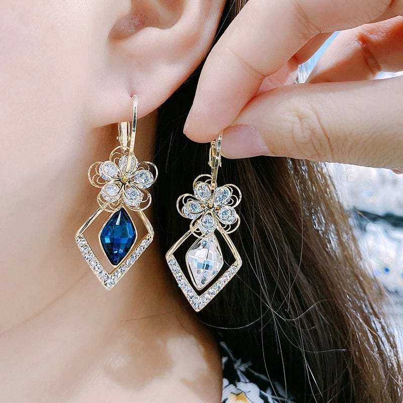Boucles d'oreilles Fleur de Crystal en Losange en Or 18 Carats - Loriele™