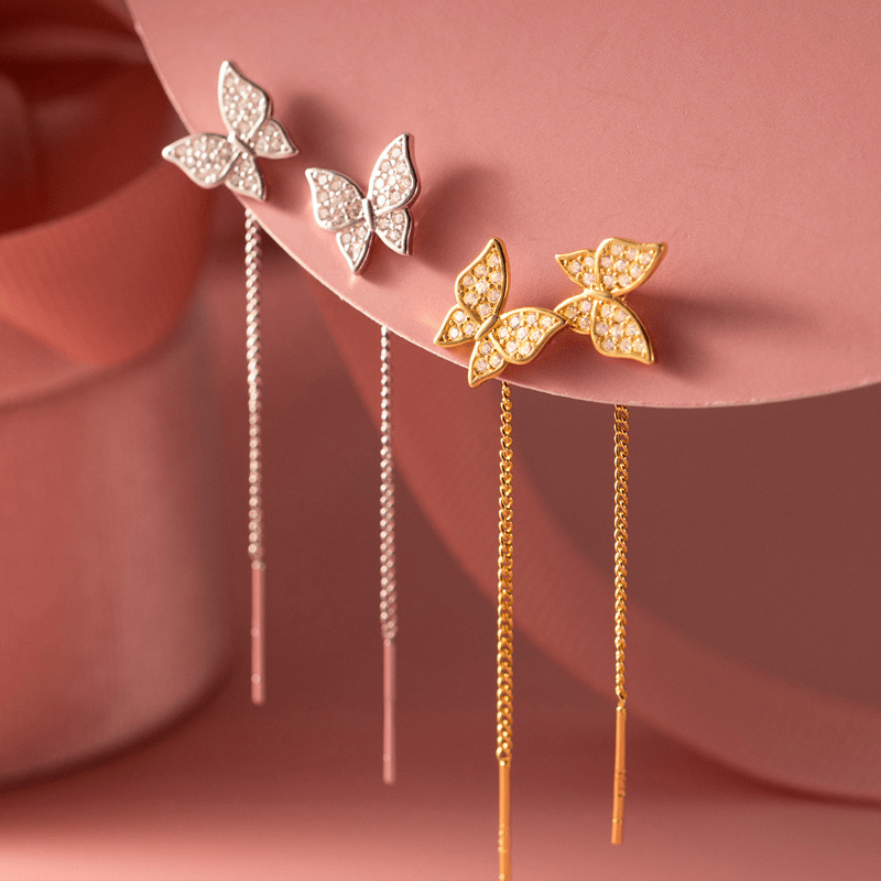Boucles d'oreilles Papillon pendante Plaqué Or 18cts ou Argent Loriele™