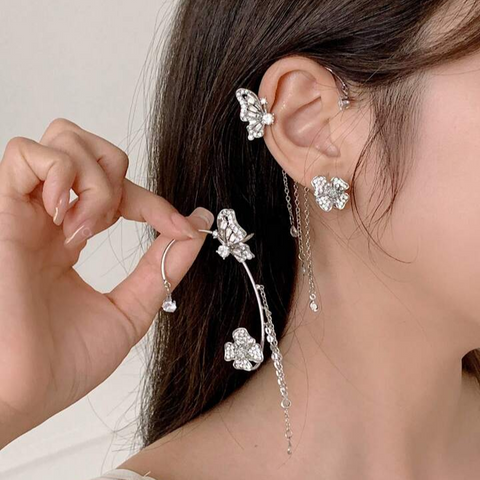Clips d’oreilles Papillon à fleur pendante 🌺🦋 - Zircone Cubique 💎 x2