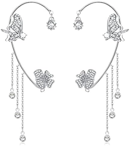 Clips d’oreilles Papillon à fleur pendante 🌺🦋 - Zircone Cubique 💎 x2