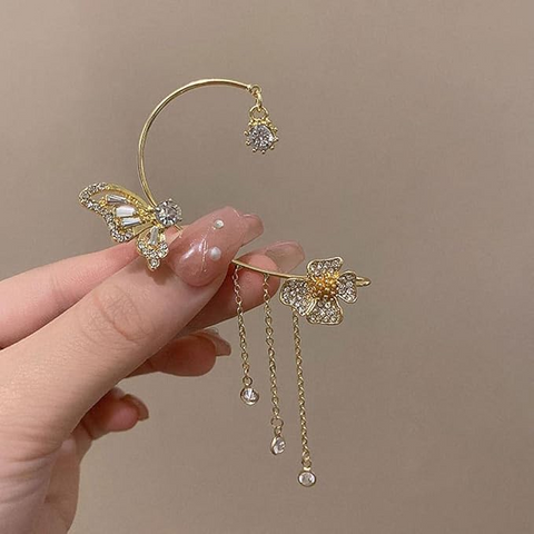 Clips d’oreilles Papillon à fleur pendante 🌺🦋 - Zircone Cubique 💎 x2