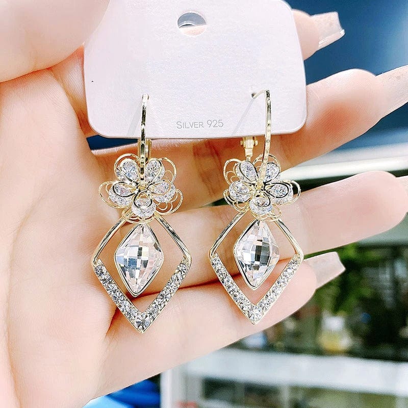 Boucles d'oreilles Fleur de Crystal en Losange en Or 18 Carats - Loriele™